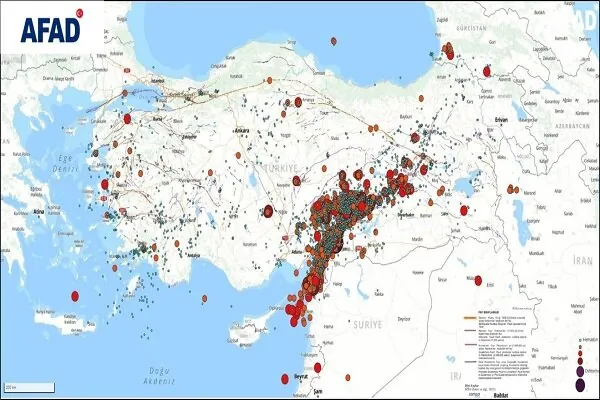 ۱۳۰۰۰ پس لرزه در ترکیه + نقشه محل وقوع 